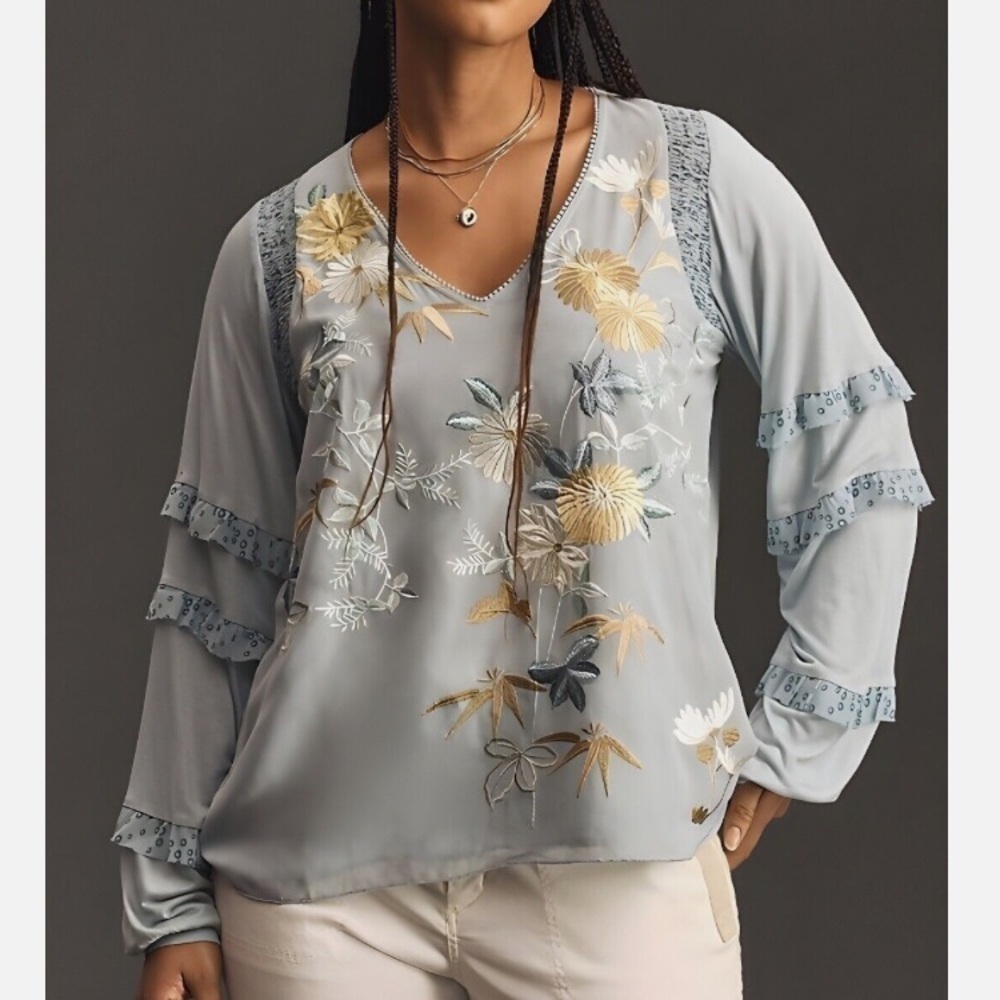 Anthropologie Tiny Frances Long Sleeve Ruffled Top Embroidered Blue Yellow